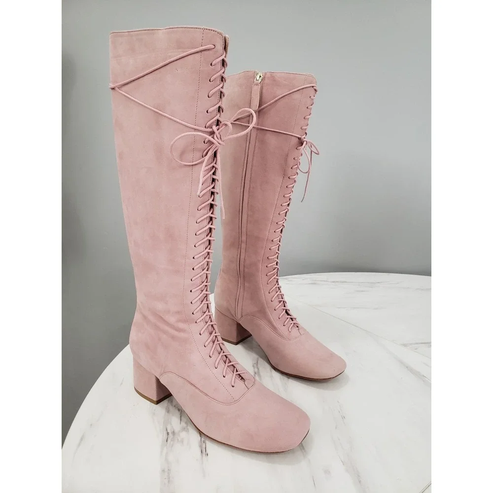 Kate Spade LAKE Knee High Boots Prairie Lace & Zip Up Rose Pink Size 9.5